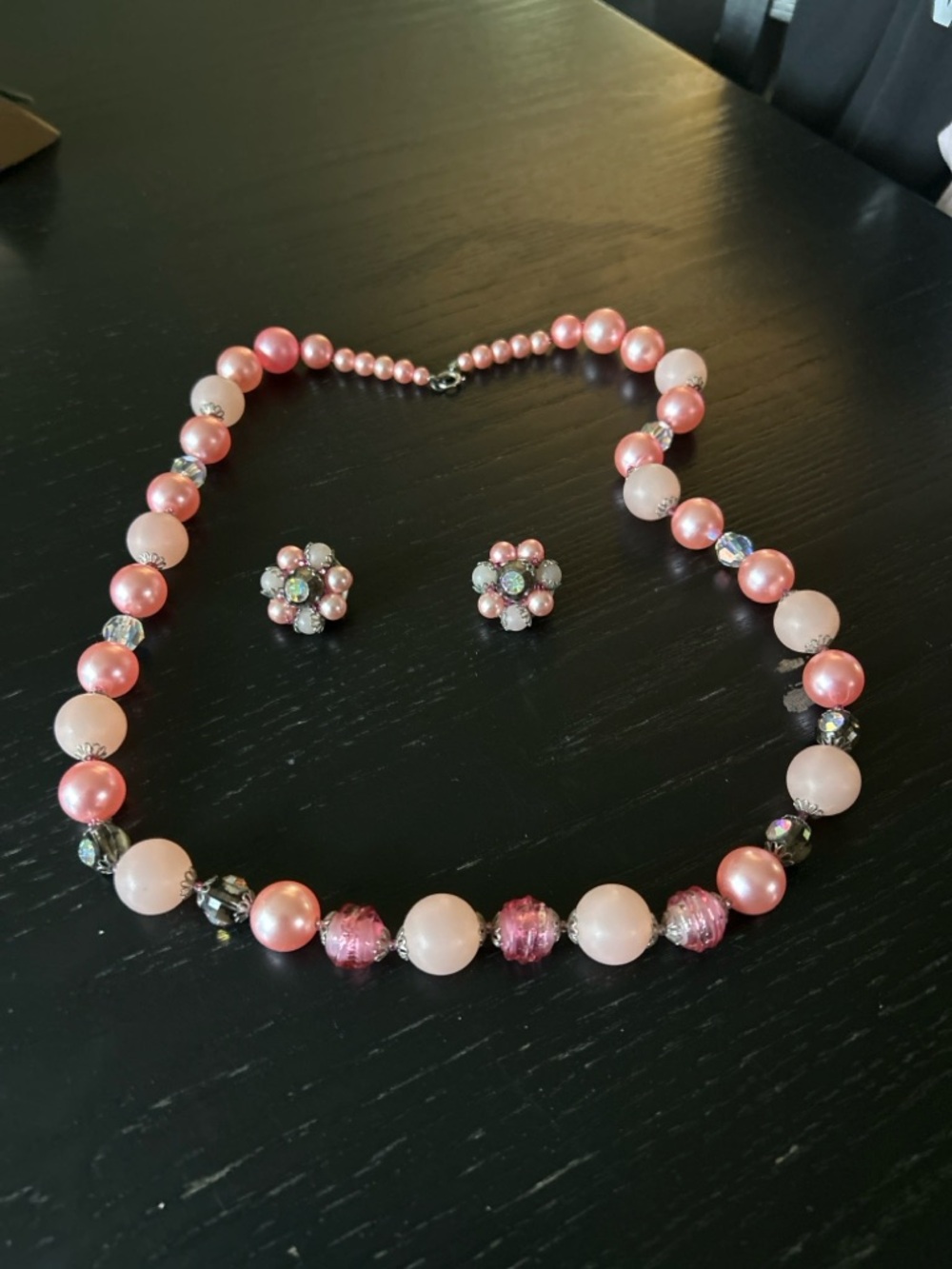 Vintage Pink Beaded Necklace & Clip-On Earrings Set – 1950s/1960s